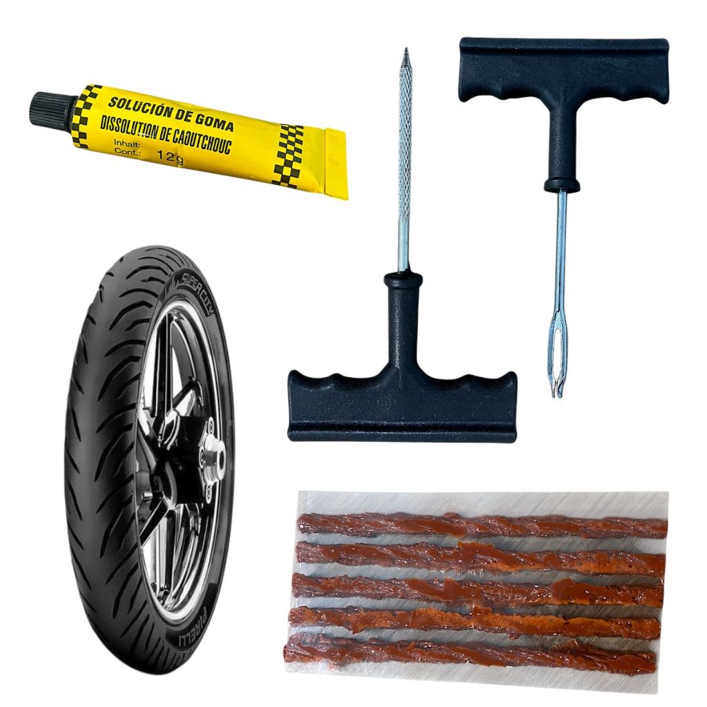 1x Kit Remendo Pneu De Moto 8 Peças Reparo 5 Refil Macarrão